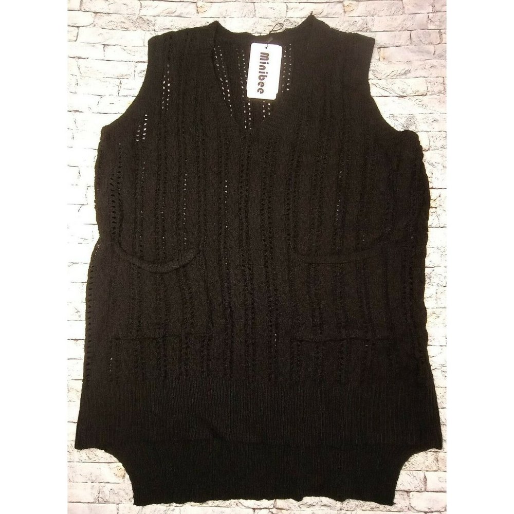 Minibee Size Large Women's Deep V-Neck Sleeveless Knitted Hi Low Sweater Vest